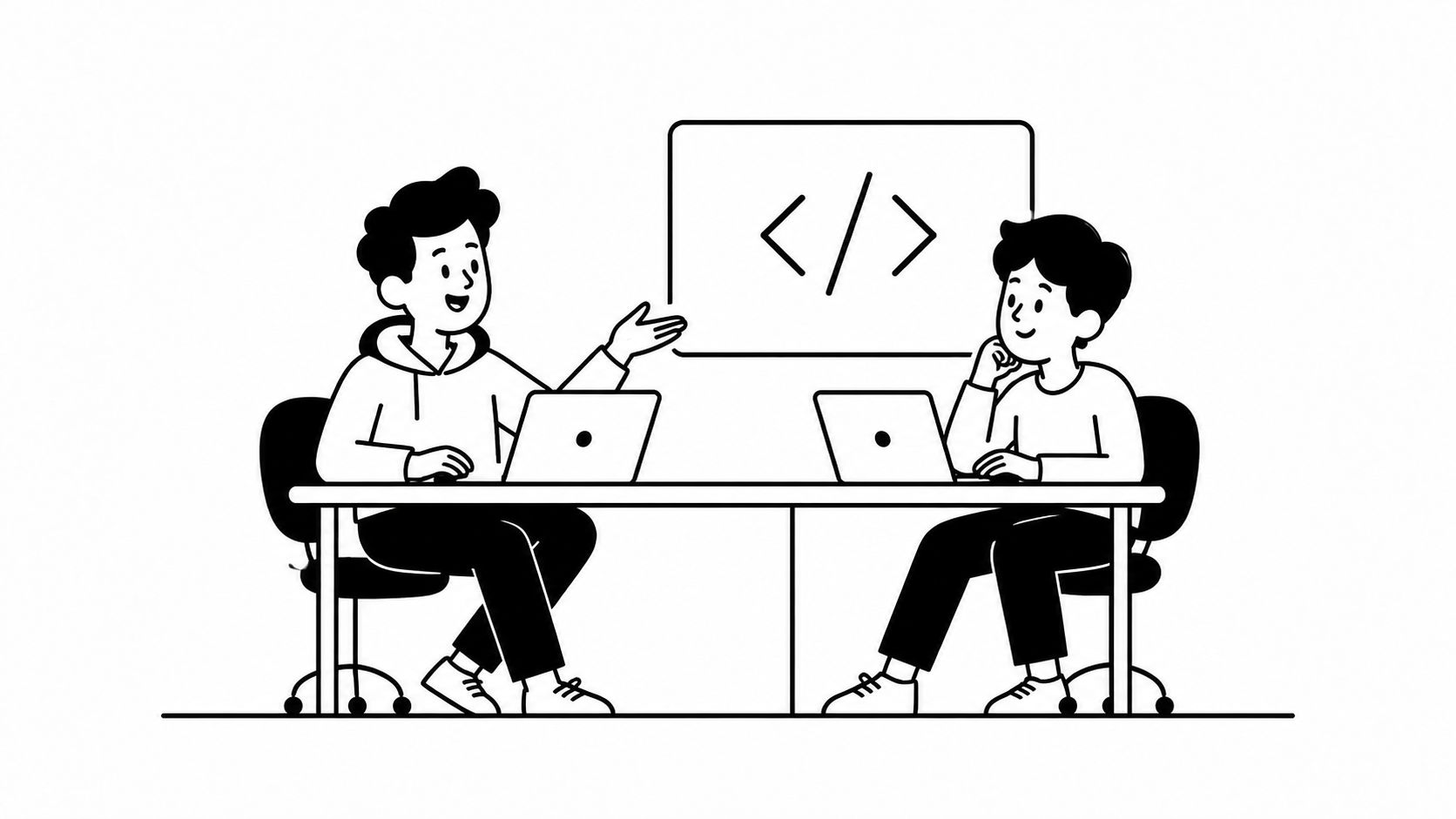 Ilustracija dvoje studenata koji zajedno rade na programiranju