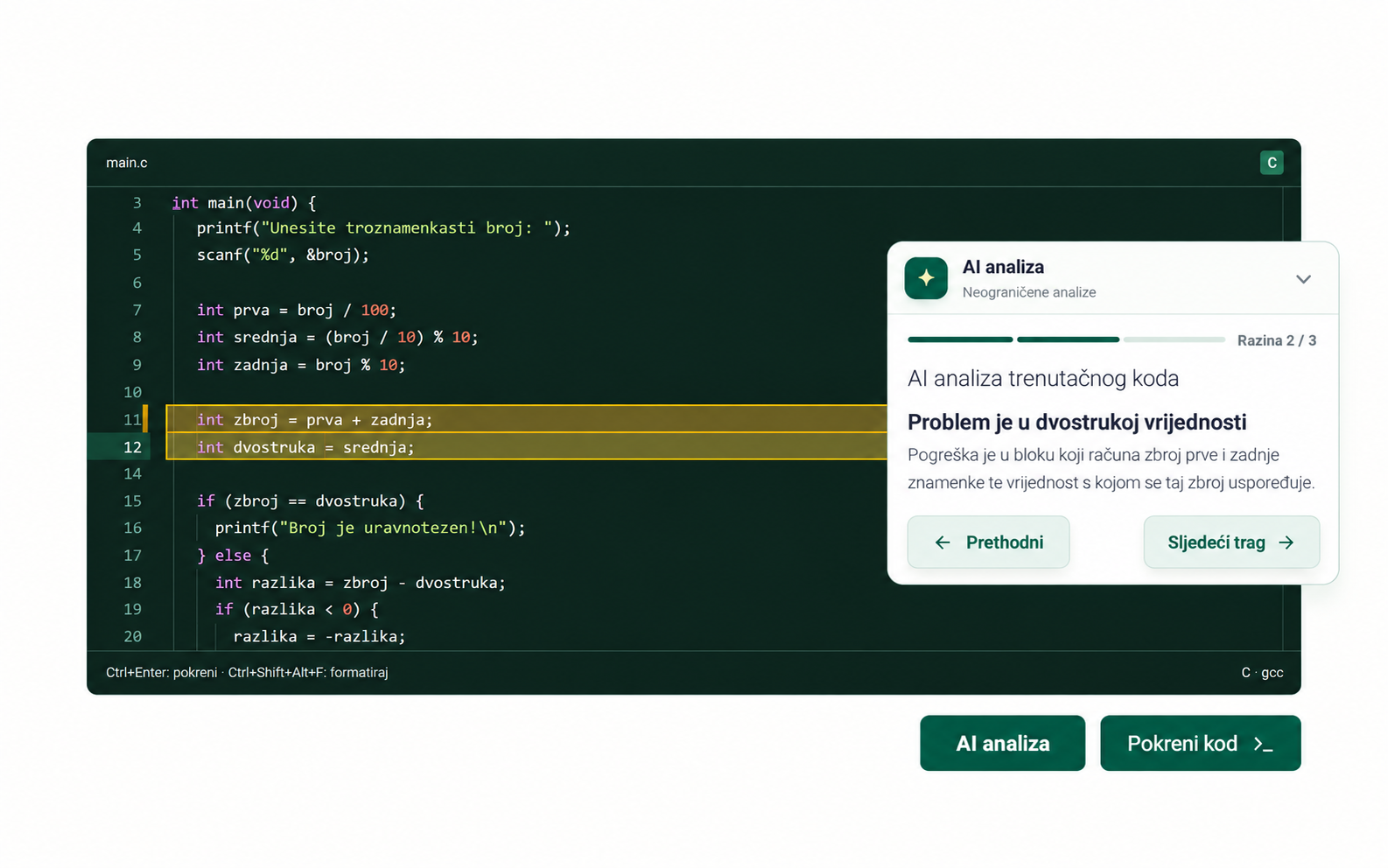 Program-ko C editor s otvorenom AI analizom i označenim problemom u korisnikovom kodu