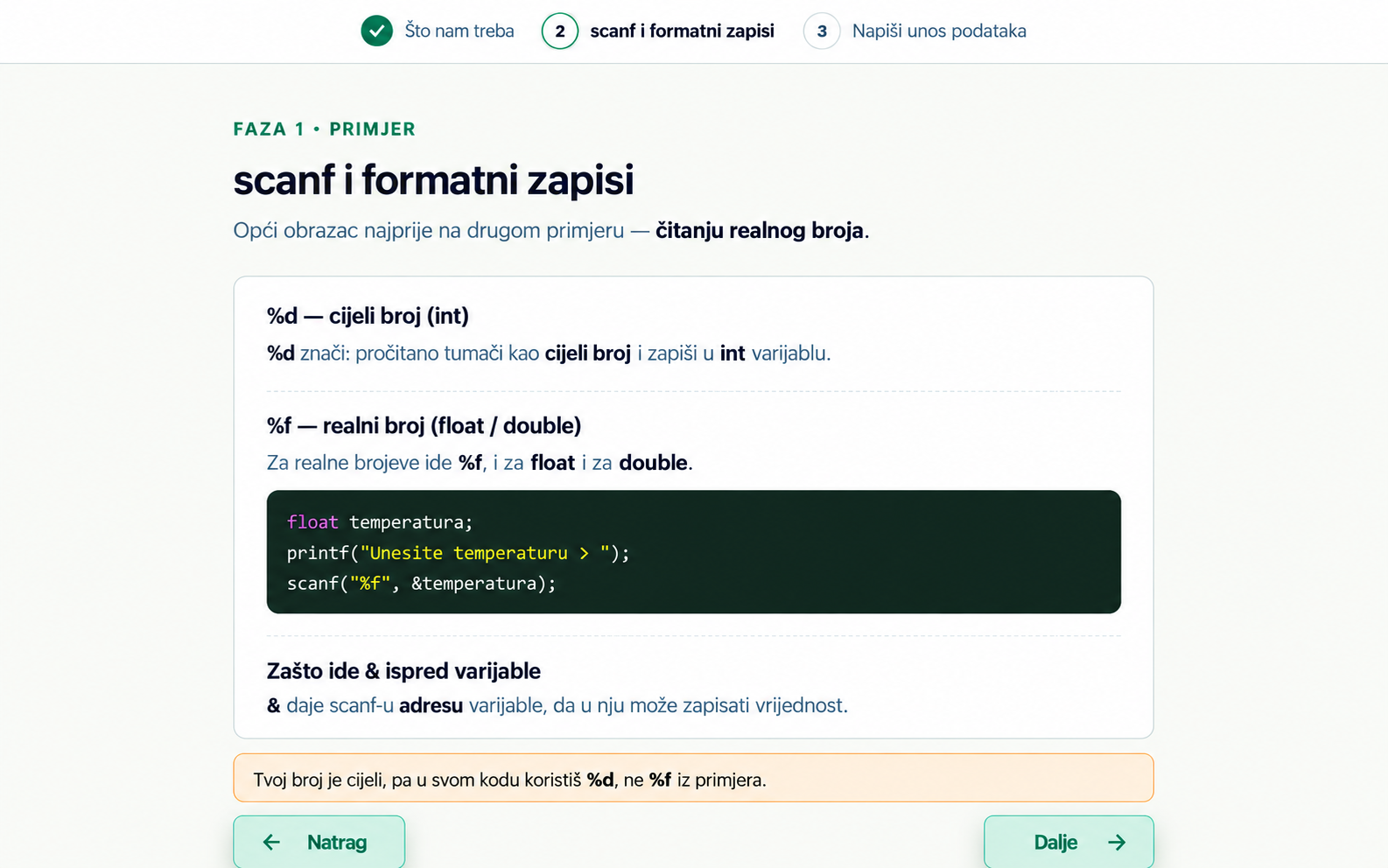 Program-ko vođeno rješavanje s primjerom scanf formatnih zapisa i navigacijom kroz faze